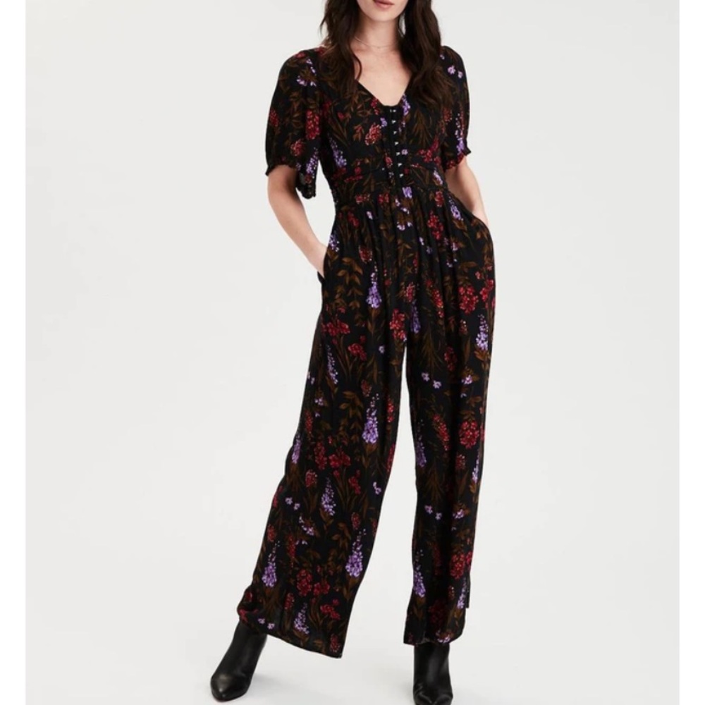 American Eagle Black Floral Jumpsuit